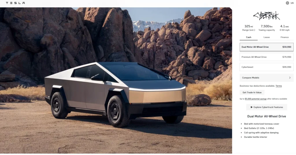 테슬라 사이버트럭 듀얼모터 사륜구동 모델의 판매 페이지